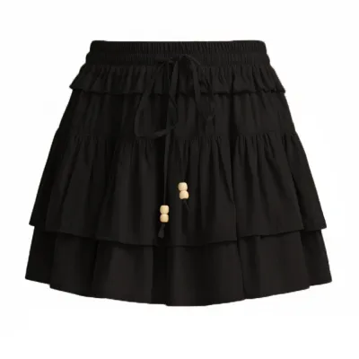 Women Fashion Solid Color Drawstring High Waist Ruffled Skirt