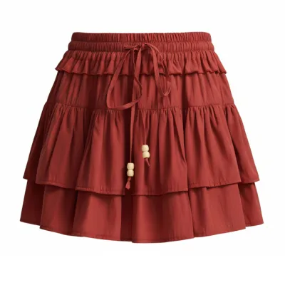 Women Fashion Solid Color Drawstring High Waist Ruffled Skirt
