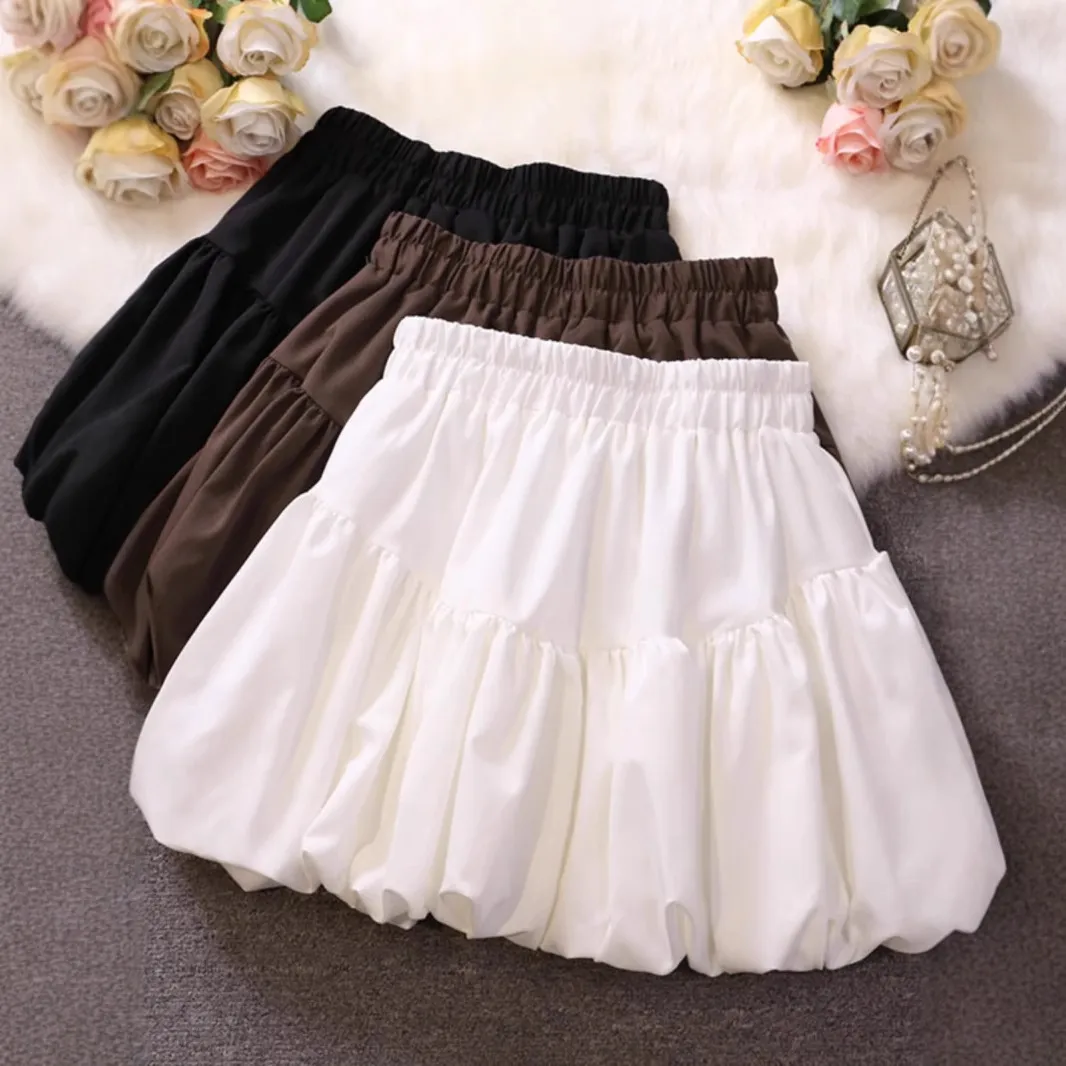Women Fashion Sexy Summer Solid Color High Waist Pleated Puffy Skirt