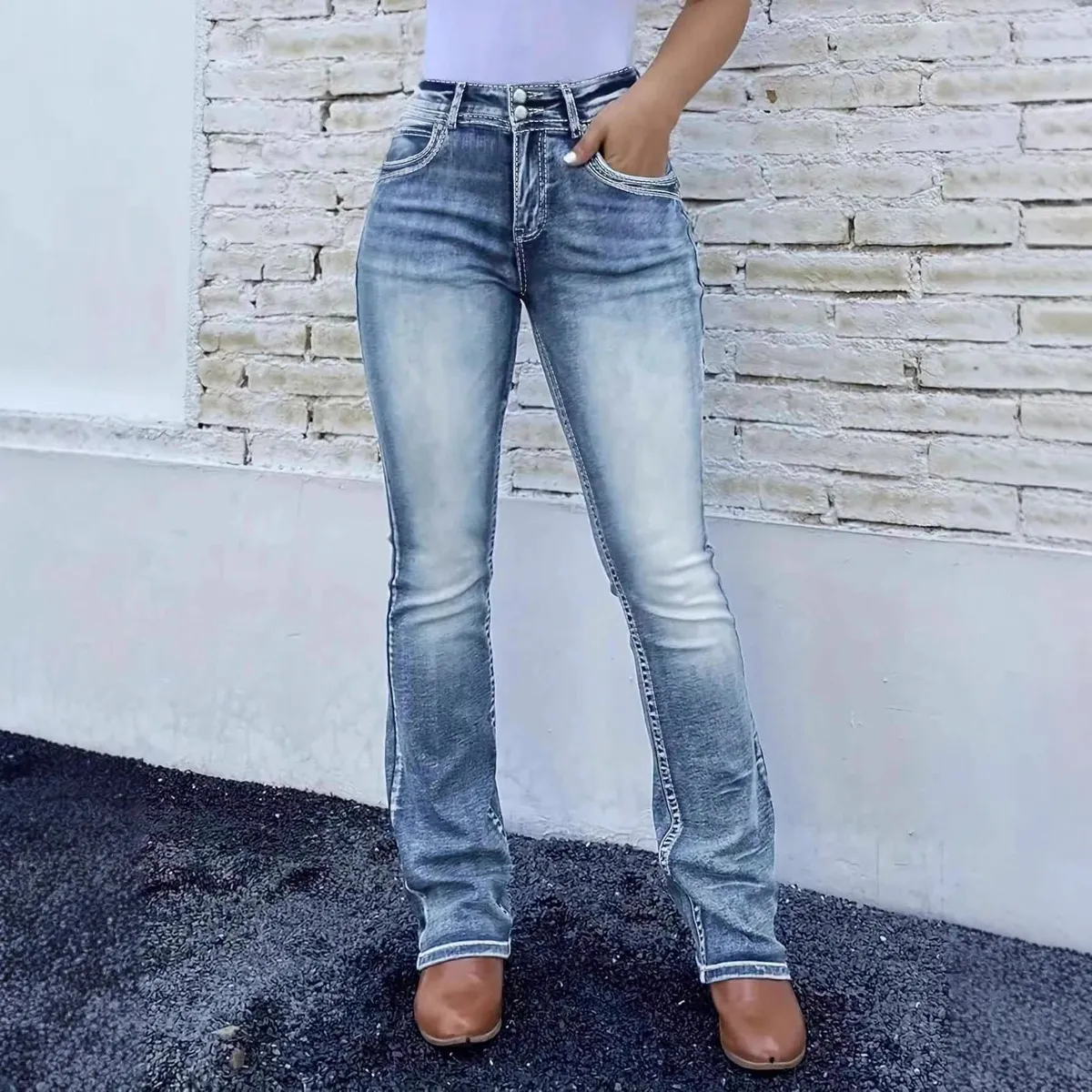 Women Fashion Casual Washed Bootcut Jeans