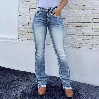 Women Fashion Casual Washed Bootcut Jeans