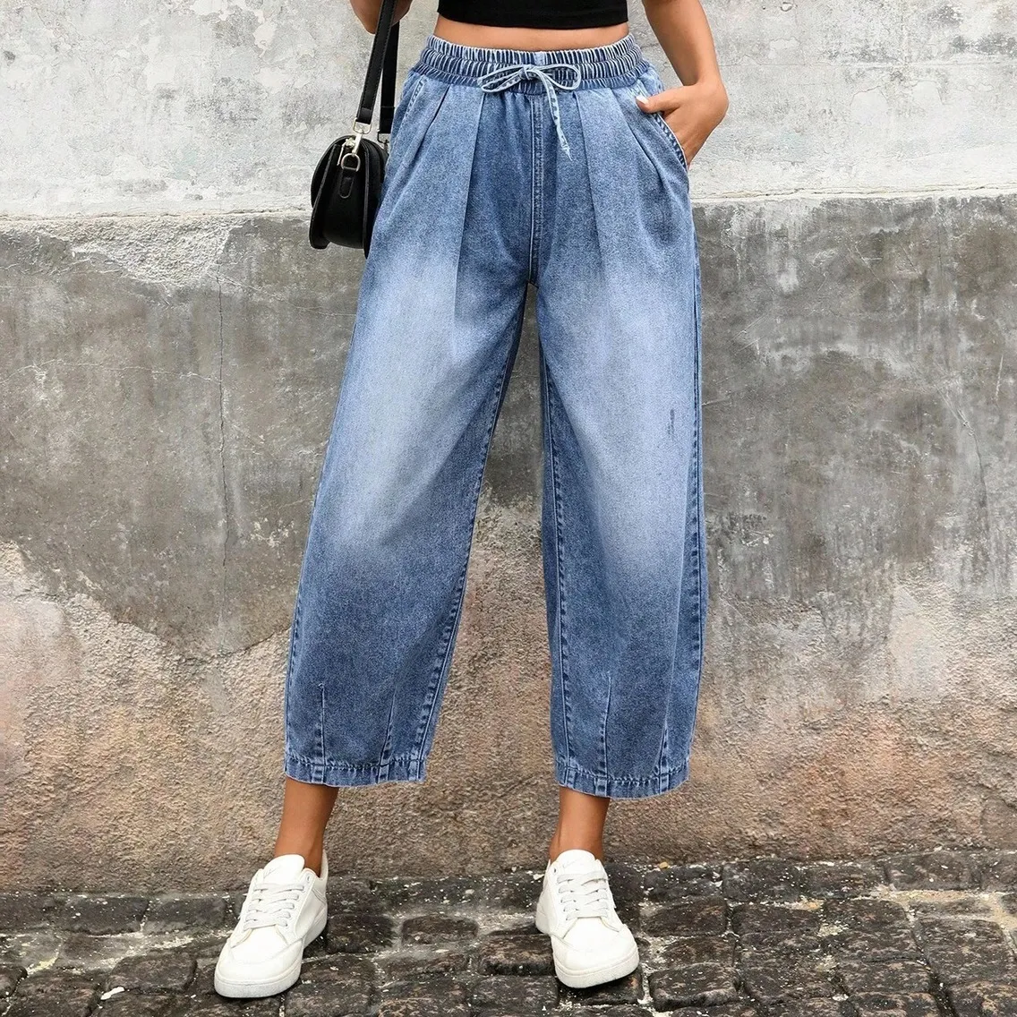 Women Fashion Casual High Waist Pleated Mom Jeans