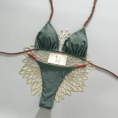 Women Fashion Sexy Simple Color Block Lace-Up Bikini Swimsuit