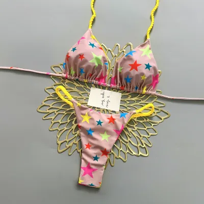 Women Fashion Sexy Simple Color Block Lace-Up Bikini Swimsuit