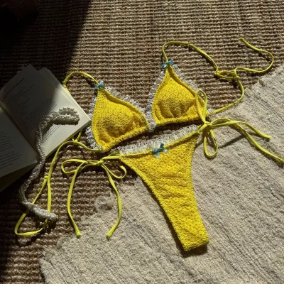 Women Fashion Sexy Contrast Bow Lace Strap Bikini Swimsuit
