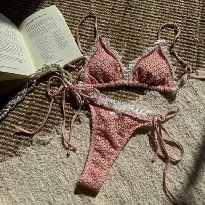 Women Fashion Sexy Contrast Bow Lace Strap Bikini Swimsuit
