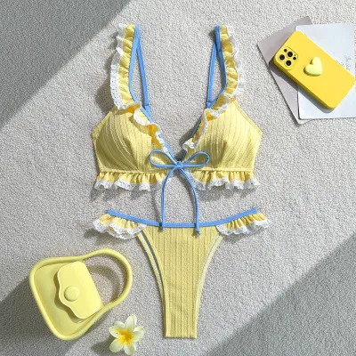 Women Fashion Sexy Lace Stitching Bikini Swimsuit