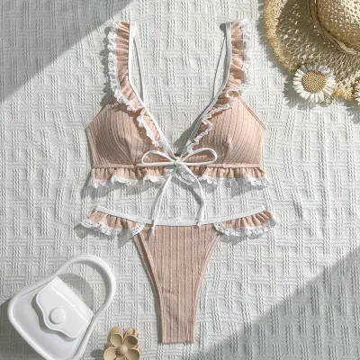 Women Fashion Sexy Lace Stitching Bikini Swimsuit