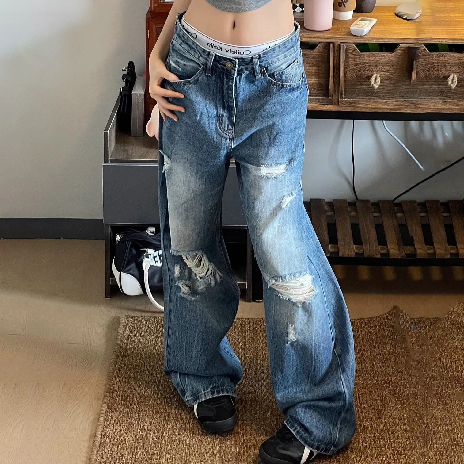 Women Fashion Casual Retro Ripped Wide Leg Jeans