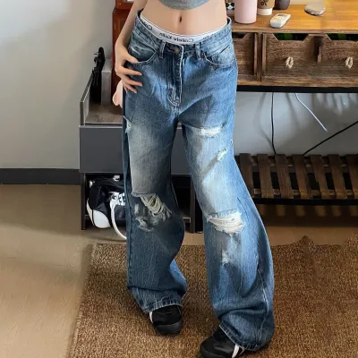 Women Fashion Casual Retro Ripped Wide Leg Jeans
