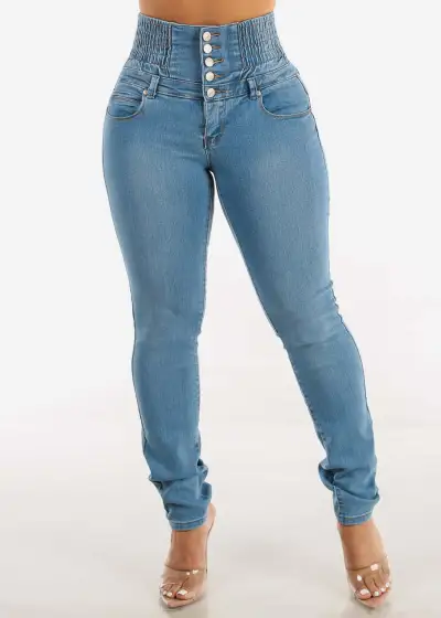 Women Fashion High Waist Buckle Slim-Fit Skinny Jeans