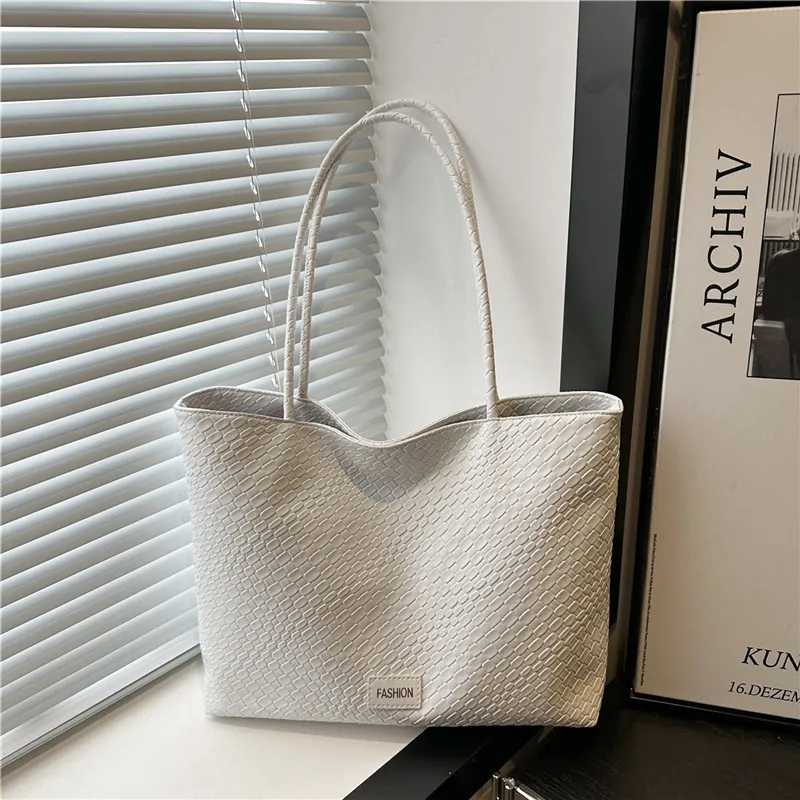 Women Casual Solid Color Large Capacity Shoulder Bag Tote PU with Magnetic Button