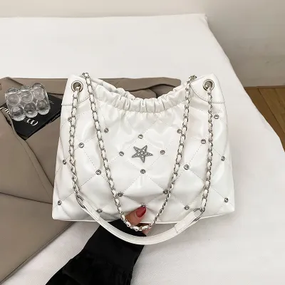 Women Fashion Rhinestone Chain Quilted Rhomboid Large Capacity PU Crossbody Shoulder Bag