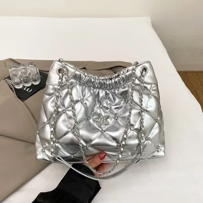Women Fashion Rhinestone Chain Quilted Rhomboid Large Capacity PU Crossbody Shoulder Bag