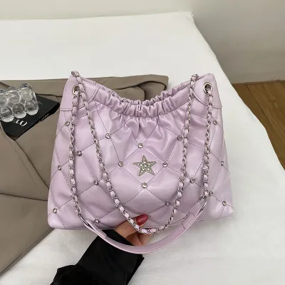 Women Fashion Rhinestone Chain Quilted Rhomboid Large Capacity PU Crossbody Shoulder Bag