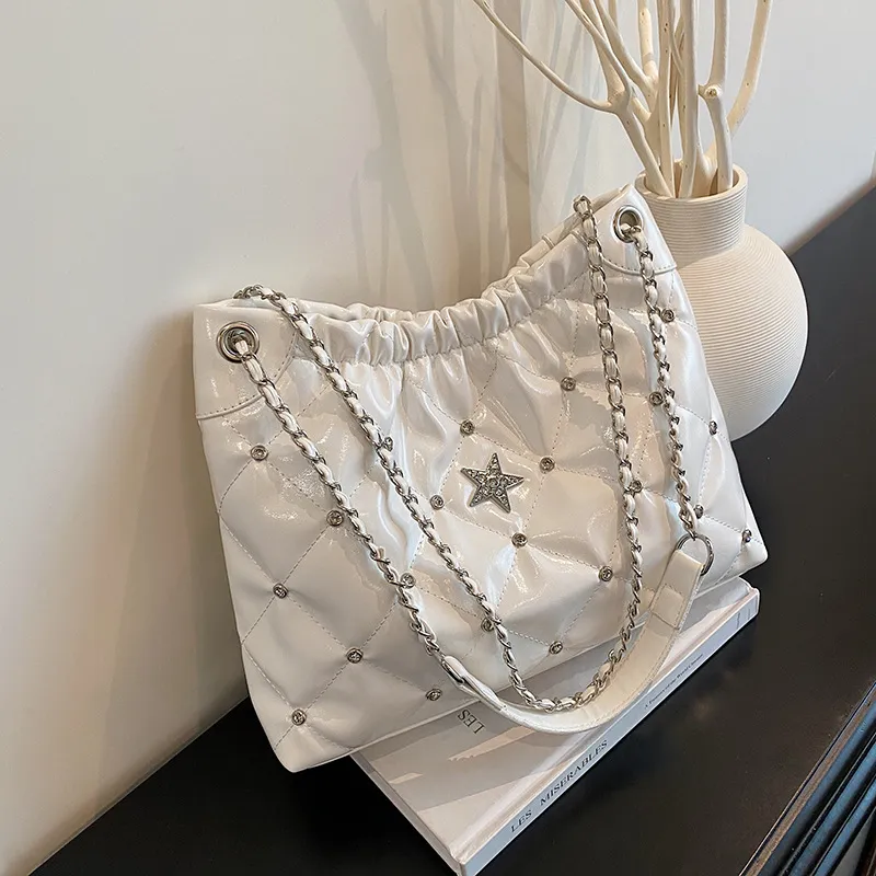 Women Fashion Rhinestone Chain Quilted Rhomboid Large Capacity PU Crossbody Shoulder Bag