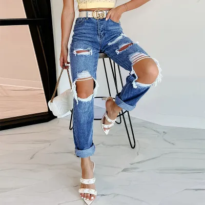 Women Fashion Casual High Waist Ripped Jeans
