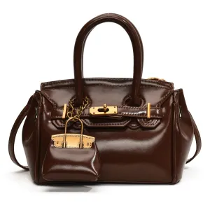 Women Fashion Casual Retro Oil Wax Leather Portable Handbag with Clasp Closure