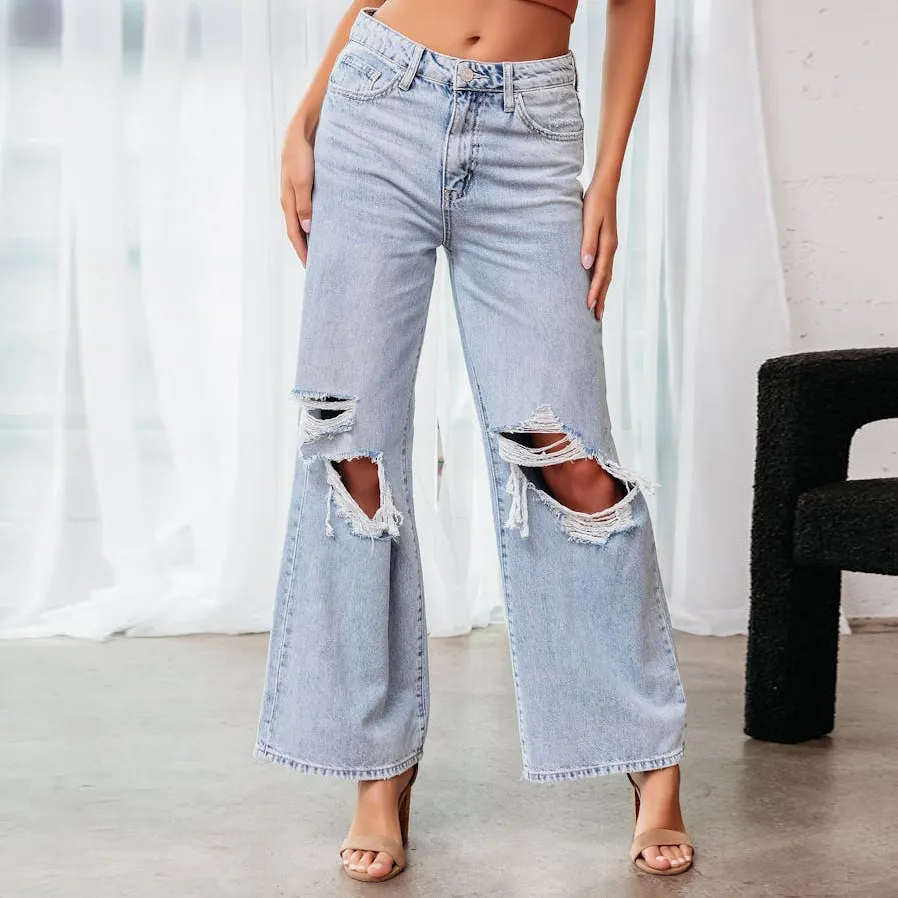 Women Fashion Casual Washed Ripped Wide Leg Jeans
