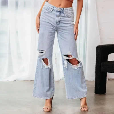 Women Fashion Casual Washed Ripped Wide Leg Jeans