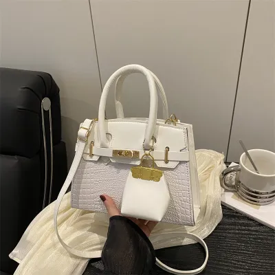 Women Fashion Casual Contrast Color Stitching Crocodile Pattern Portable Small Square Handbag