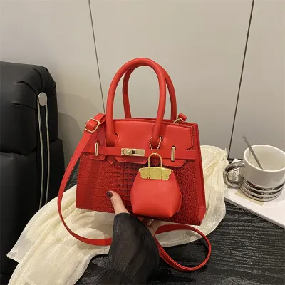 Women Fashion Casual Contrast Color Stitching Crocodile Pattern Portable Small Square Handbag