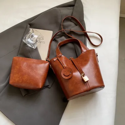 Women Fashion Casual Retro Bucket Crossbody Bag PU Magnetic Button