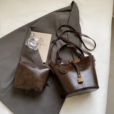 Women Fashion Casual Retro Bucket Crossbody Bag PU Magnetic Button