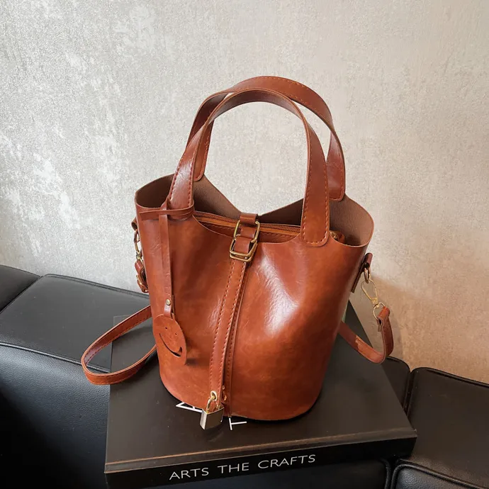 Women Fashion Casual Retro Bucket Crossbody Bag PU Magnetic Button