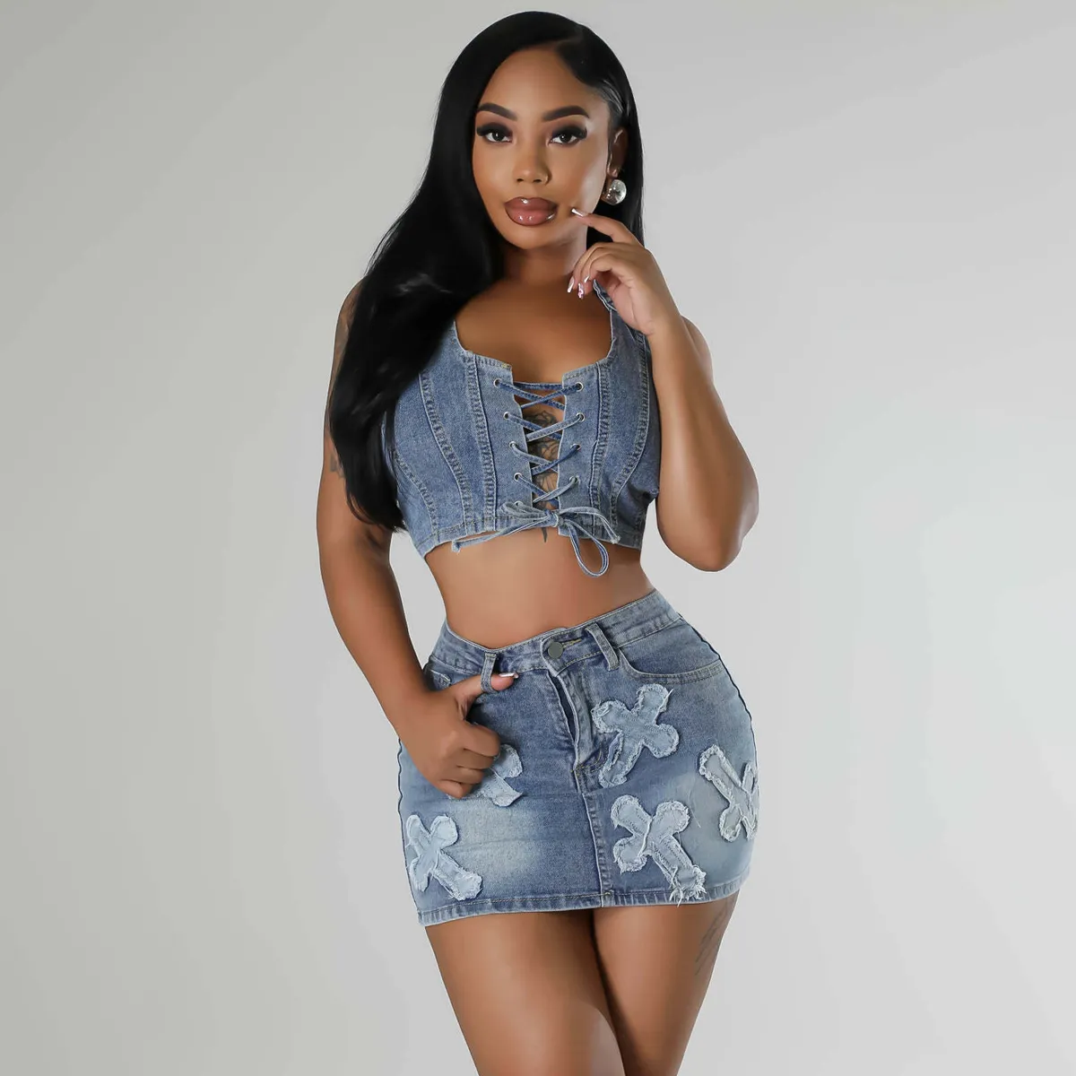 Women Fashion Sexy Denim Cross Embroidered Halter-Neck Crop Top Tight Mini Skirt Two-Piece Set