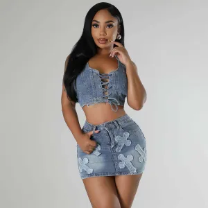 Women Fashion Sexy Denim Cross Embroidered Halter-Neck Crop Top Tight Mini Skirt Two-Piece Set