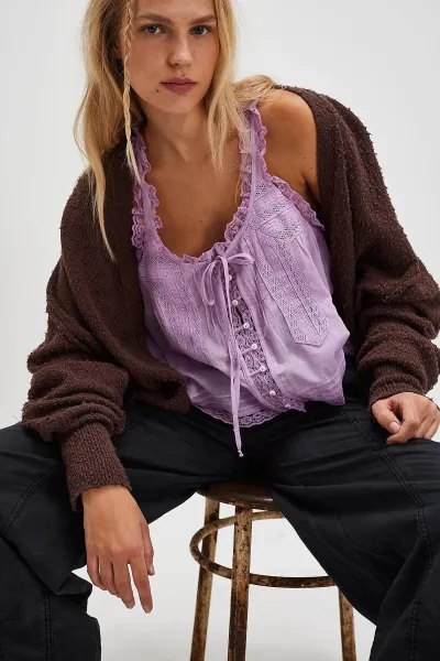 Women Fashion Solid Color Single-Breasted Lace Lace Stitching Strap Top