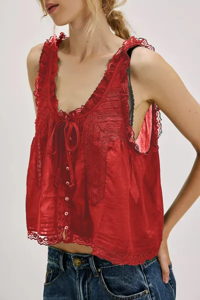 Women Fashion Solid Color Single-Breasted Lace Lace Stitching Strap Top
