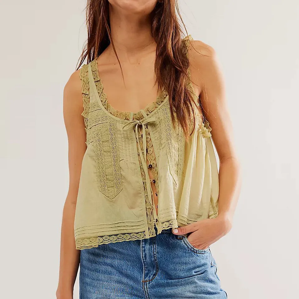 Women Fashion Solid Color Single-Breasted Lace Lace Stitching Strap Top