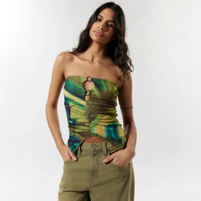 Women'S Sexy Tie-Dye Print Cut-Out Metal Connect Tube Top