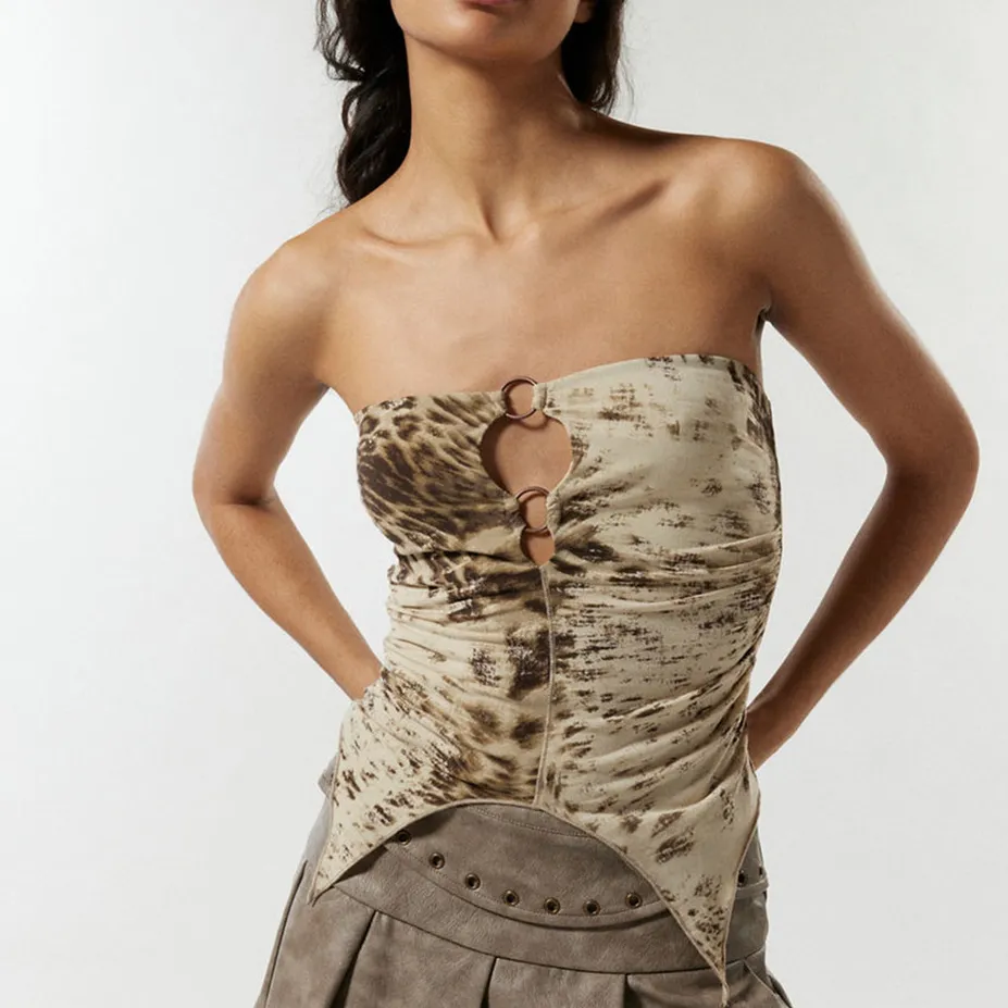 Women'S Sexy Tie-Dye Print Cut-Out Metal Connect Tube Top