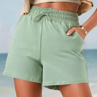 Women Fashion Casual Summer Solid Color Drawstring Pocket Shorts