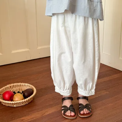 Kids Girl's Casual Summer Solid Color Cotton Lace Edge Pants
