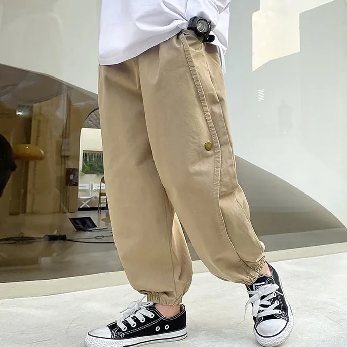 Kids Boys' Fashion Casual Spring Loose Cotton Pants Solid Color Mid-Waist Long