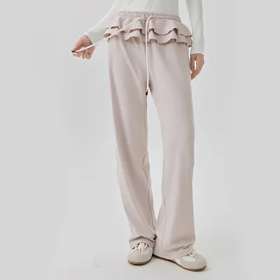 Women Fashion Casual Ruffled Design Side Stripe Straight Sports Pants