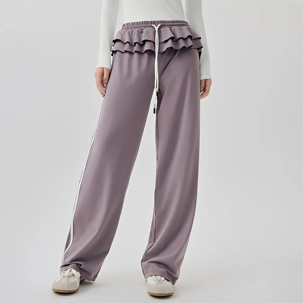 Women Fashion Casual Ruffled Design Side Stripe Straight Sports Pants