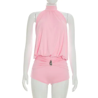 Summer Women Solid Color Fashion Halter Rompers