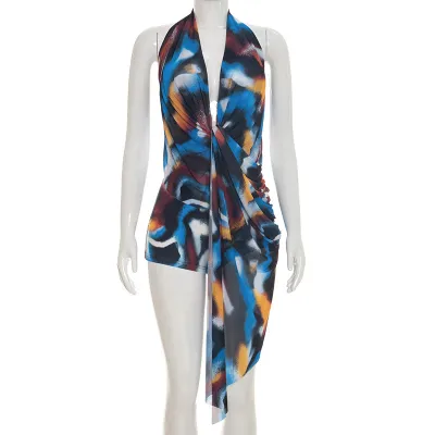 Summer Women Fashion Tie-Dye Printed Hanging Neck V-Neck Rompers