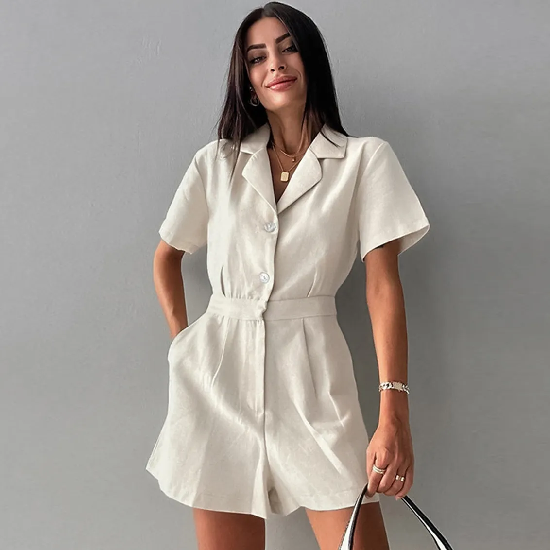 Summer Women Casual Office Linen Laps Single-Breasted Wide-Leg Rompers