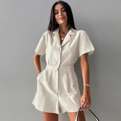 Summer Women Casual Office Linen Laps Single-Breasted Wide-Leg Rompers