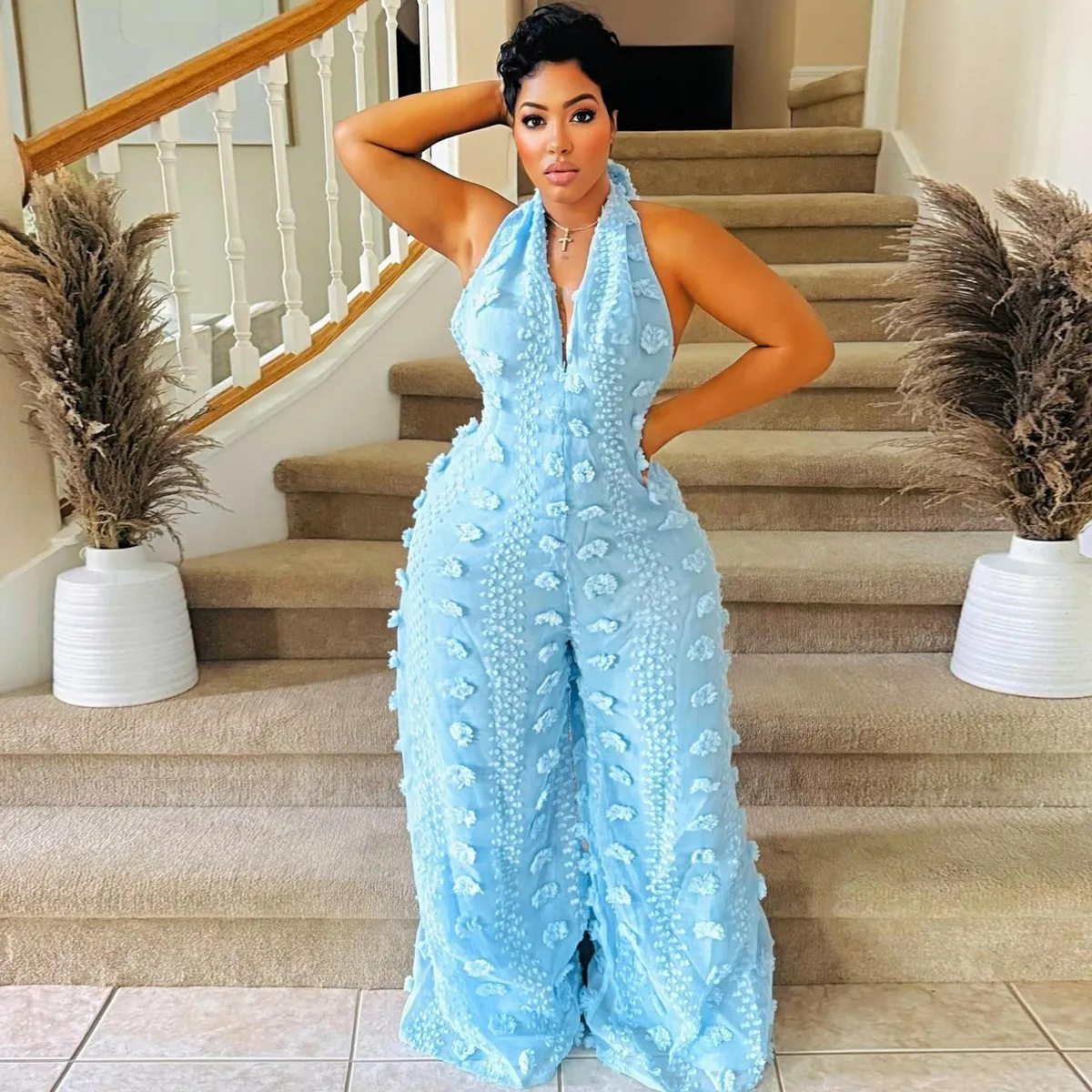 Women Fashion Solid Color V-Neck Open-Back Wide-Leg Jumpsuit