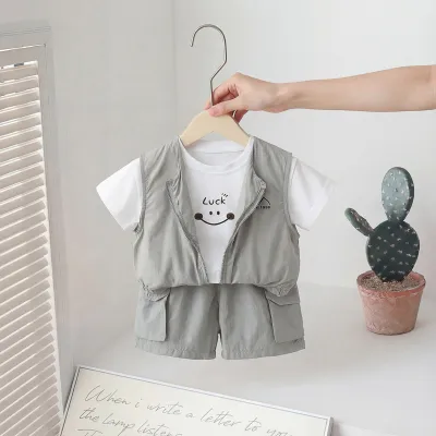 Kids Boys' Fashion Casual Summer Short-Sleeve T-Shirt Zipper Vest Loose Shorts Three-Piece Set Cotton Light-Weight Solid Color