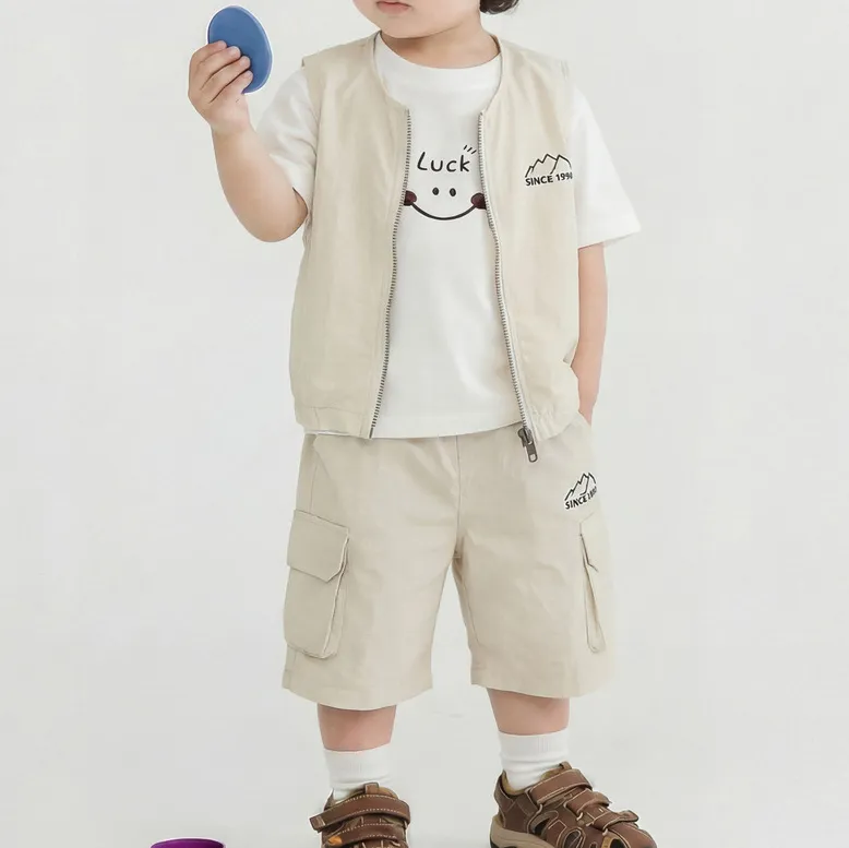 Kids Boys' Fashion Casual Summer Short-Sleeve T-Shirt Zipper Vest Loose Shorts Three-Piece Set Cotton Light-Weight Solid Color