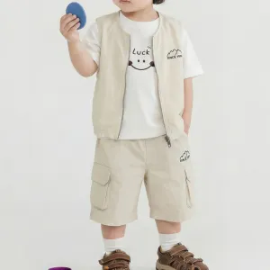 Kids Boys' Fashion Casual Summer Short-Sleeve T-Shirt Zipper Vest Loose Shorts Three-Piece Set Cotton Light-Weight Solid Color