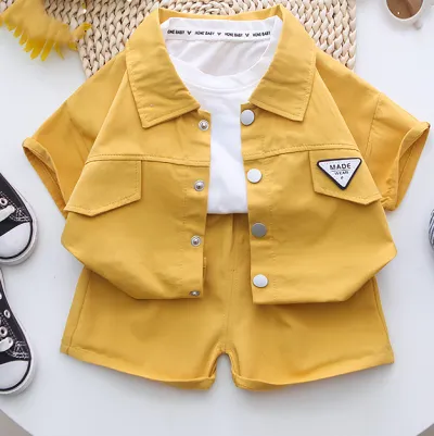 Kids Boy's Fashion Casual Summer Solid Color Short-Sleeve Cotton Shirt and Bermuda Shorts Two-Piece Set